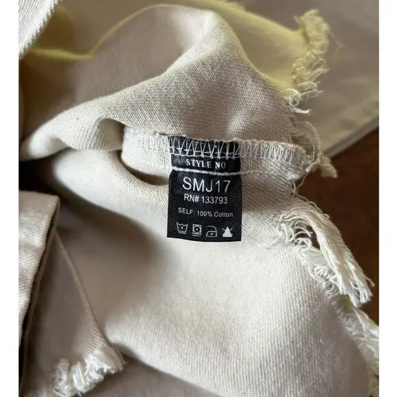 Womens POL Cream Light Beige‎ Fringe Raw Hem Cropped Denim Jacket Size M - Picture 11 of 13